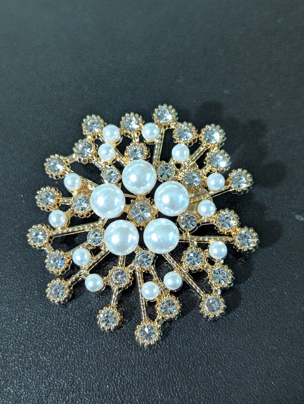 Gold-Tone Pearl and Crystal Burst Brooch - Elegant Women Jewelry